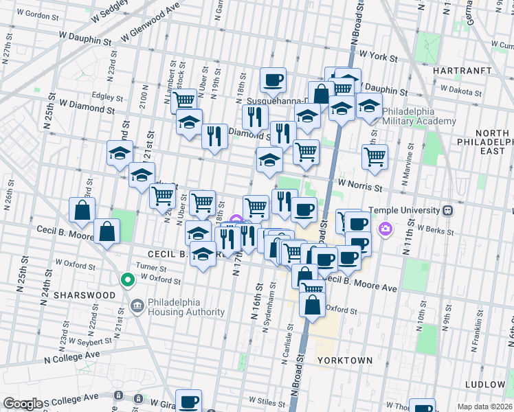 map of restaurants, bars, coffee shops, grocery stores, and more near in Philadelphia