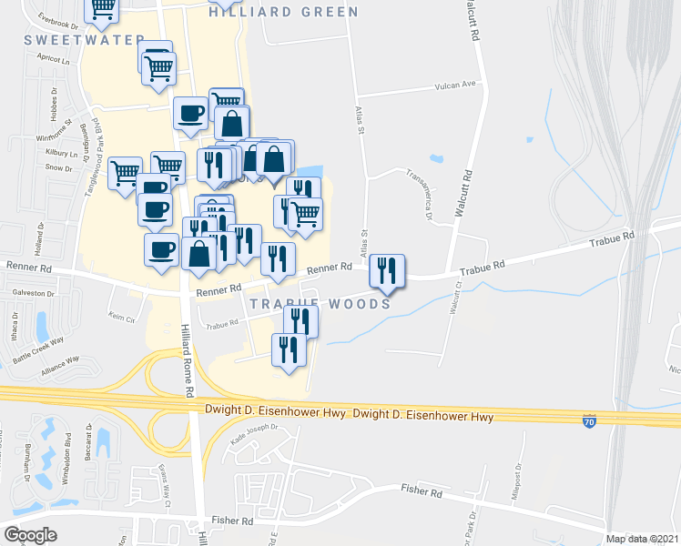 map of restaurants, bars, coffee shops, grocery stores, and more near 5303 Renner Road in Columbus