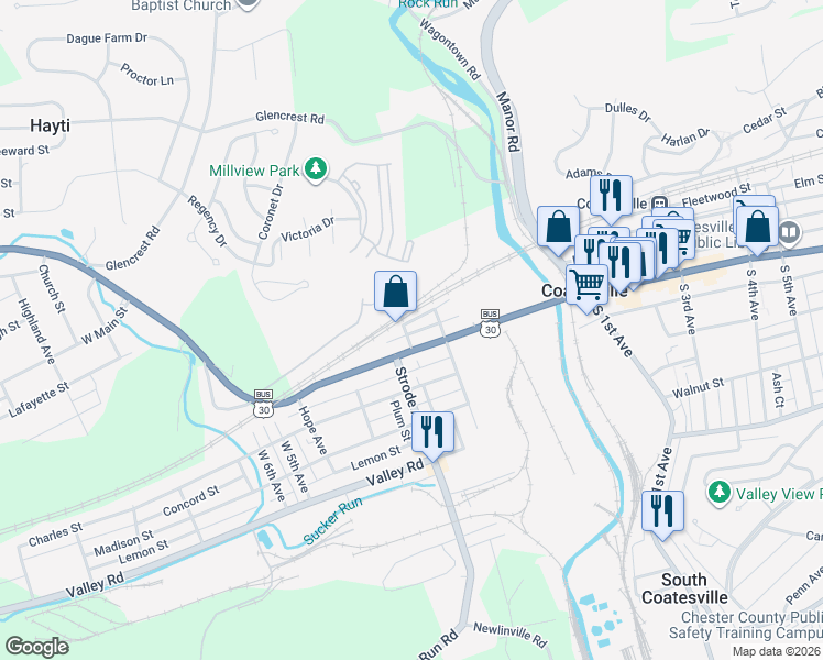 map of restaurants, bars, coffee shops, grocery stores, and more near 232 West Chestnut Street in Coatesville