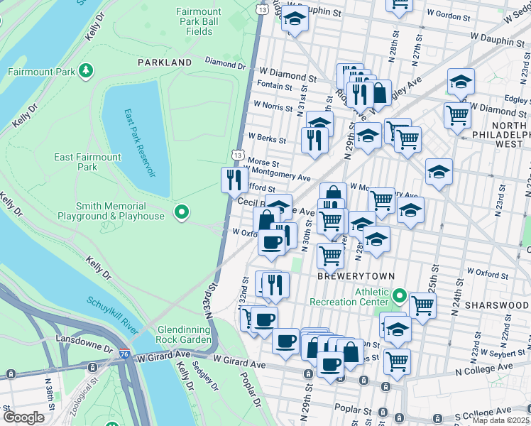 map of restaurants, bars, coffee shops, grocery stores, and more near 1638 North Patton Street in Philadelphia