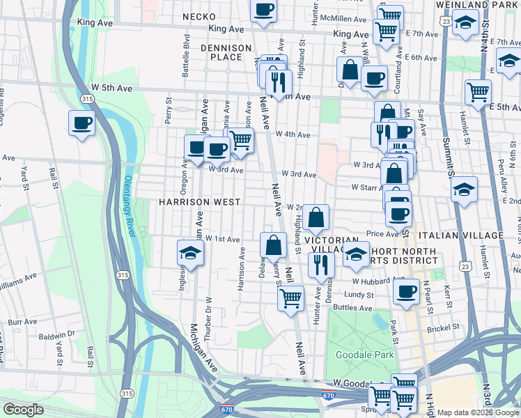 map of restaurants, bars, coffee shops, grocery stores, and more near 312 West 2nd Avenue in Columbus