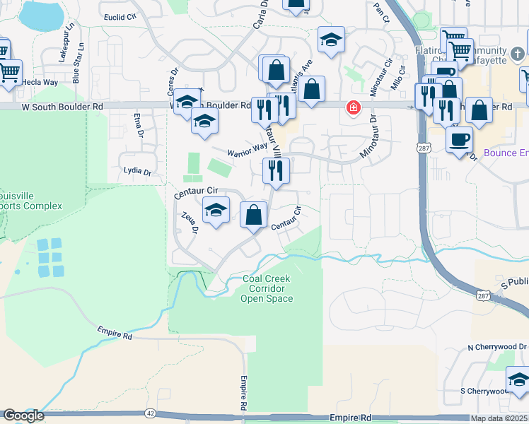 map of restaurants, bars, coffee shops, grocery stores, and more near 1219b West Centaur Circle in Lafayette