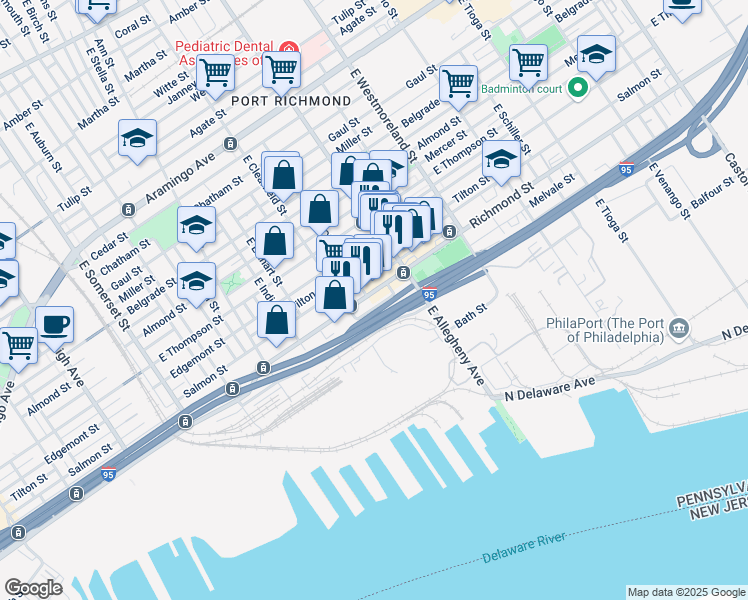 map of restaurants, bars, coffee shops, grocery stores, and more near 3127 Salmon Street in Philadelphia