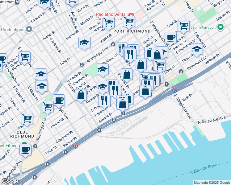 map of restaurants, bars, coffee shops, grocery stores, and more near 2960 East Thompson Street in Philadelphia