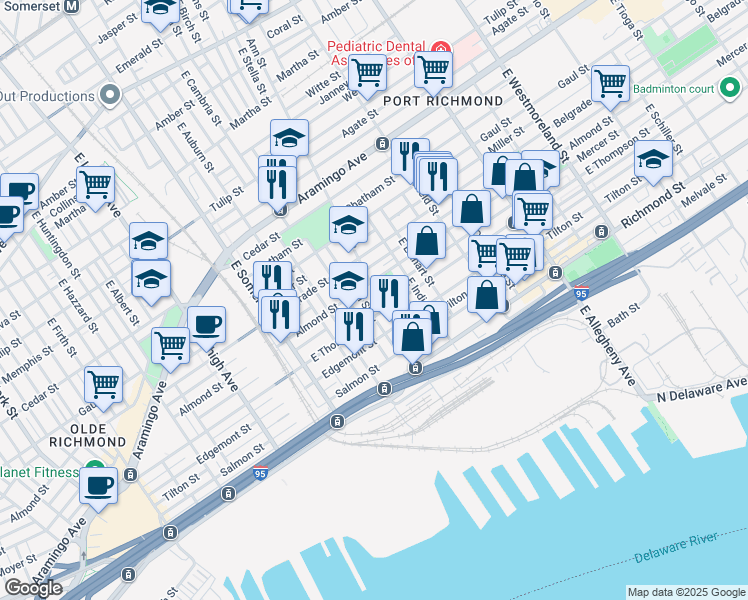 map of restaurants, bars, coffee shops, grocery stores, and more near 2600 Ann Street in Philadelphia