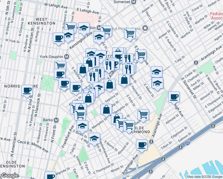 map of restaurants, bars, coffee shops, grocery stores, and more near 2133 East Letterly Street in Philadelphia