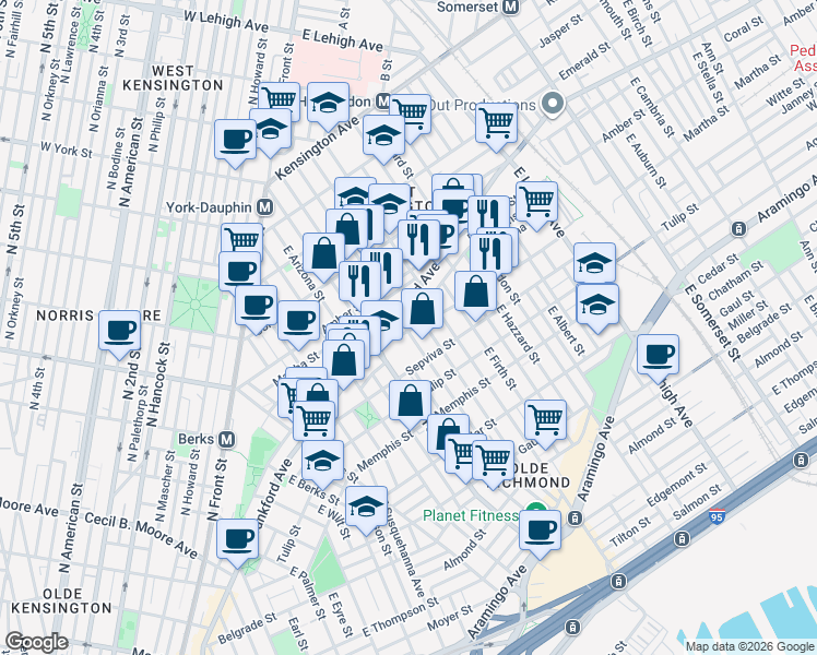 map of restaurants, bars, coffee shops, grocery stores, and more near 2133 East Letterly Street in Philadelphia