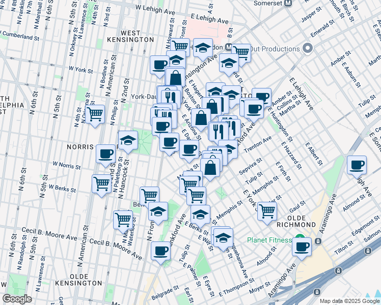 map of restaurants, bars, coffee shops, grocery stores, and more near 2050 East Dauphin Street in Philadelphia