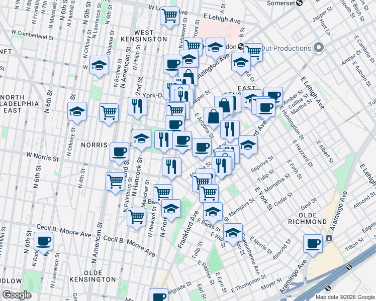 map of restaurants, bars, coffee shops, grocery stores, and more near in Philadelphia