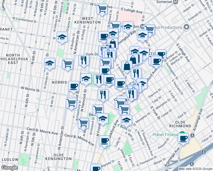 map of restaurants, bars, coffee shops, grocery stores, and more near in Philadelphia