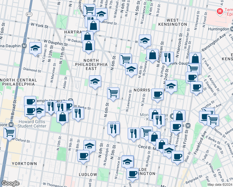 map of restaurants, bars, coffee shops, grocery stores, and more near 2036 Germantown Avenue in Philadelphia