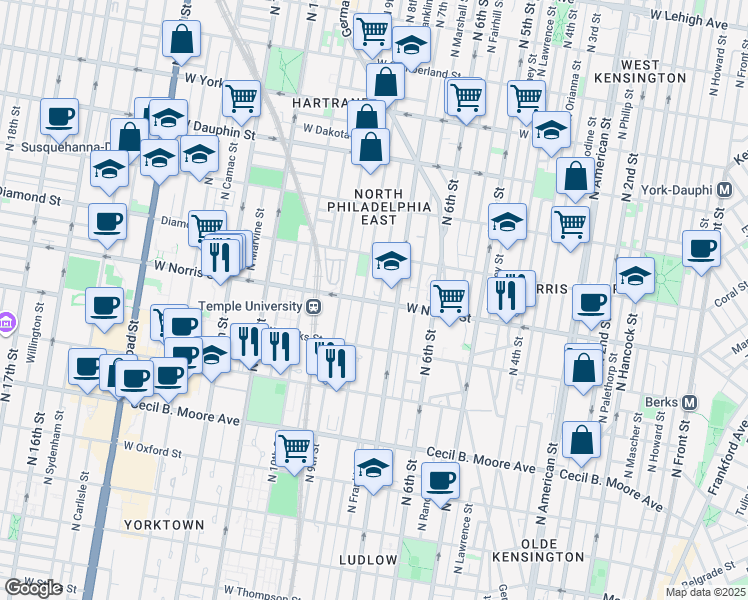 map of restaurants, bars, coffee shops, grocery stores, and more near 2021 North 8th Street in Philadelphia