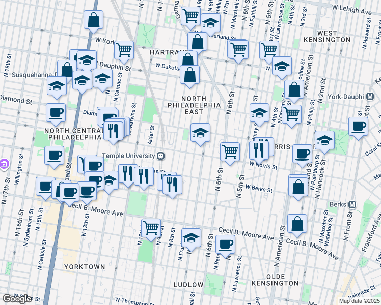 map of restaurants, bars, coffee shops, grocery stores, and more near 2021 North 8th Street in Philadelphia