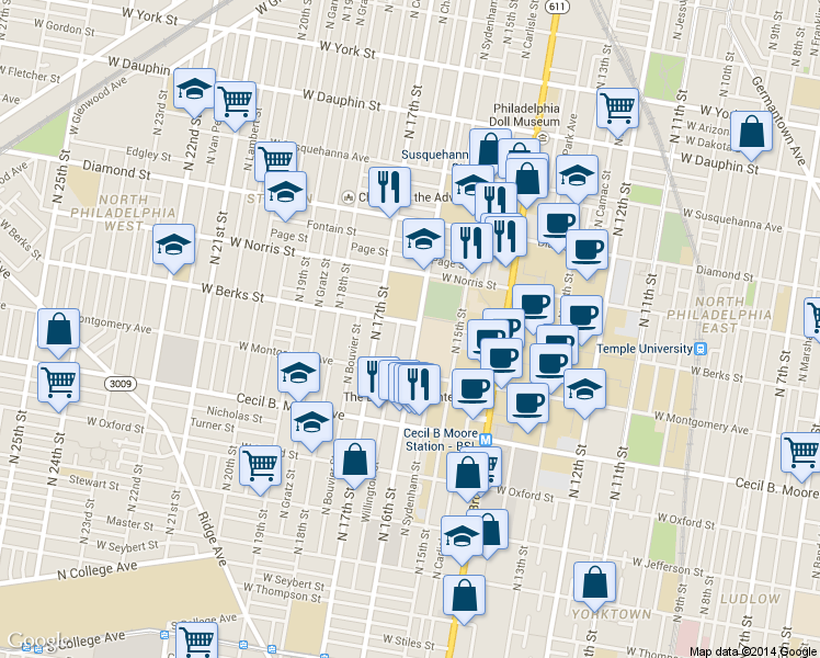 map of restaurants, bars, coffee shops, grocery stores, and more near 1858 North 16th Street in Philadelphia