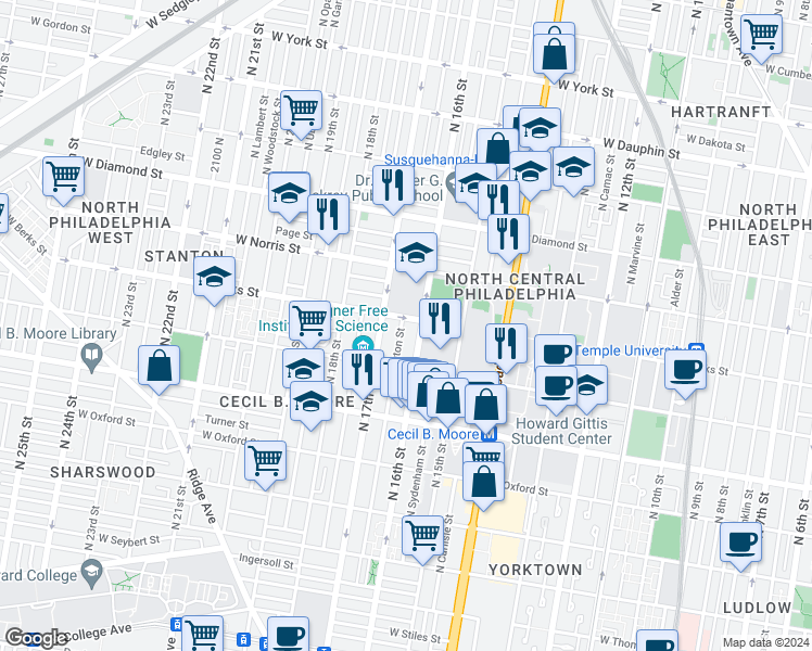 map of restaurants, bars, coffee shops, grocery stores, and more near 1858 North 16th Street in Philadelphia