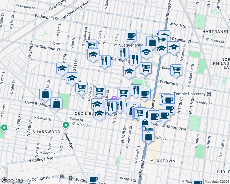map of restaurants, bars, coffee shops, grocery stores, and more near in Philadelphia
