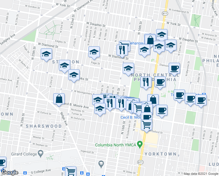 map of restaurants, bars, coffee shops, grocery stores, and more near 1849 North 18th Street in Philadelphia