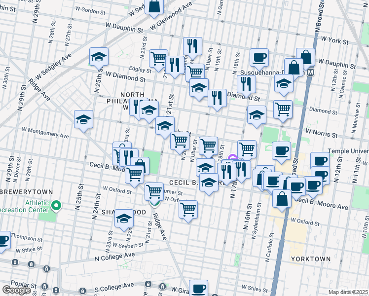 map of restaurants, bars, coffee shops, grocery stores, and more near 1860 North Uber Street in Philadelphia