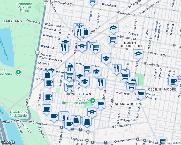 map of restaurants, bars, coffee shops, grocery stores, and more near 1725 North 27th Street in Philadelphia