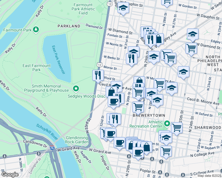 map of restaurants, bars, coffee shops, grocery stores, and more near 1638 North Patton Street in Philadelphia