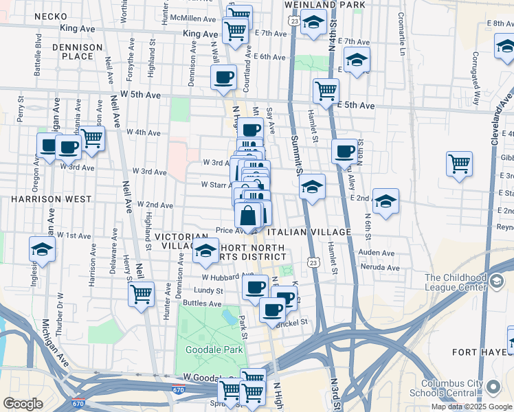 map of restaurants, bars, coffee shops, grocery stores, and more near 1014 North High Street in Columbus