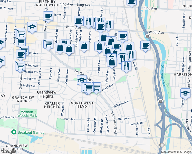 map of restaurants, bars, coffee shops, grocery stores, and more near 1143 Norton Avenue in Columbus