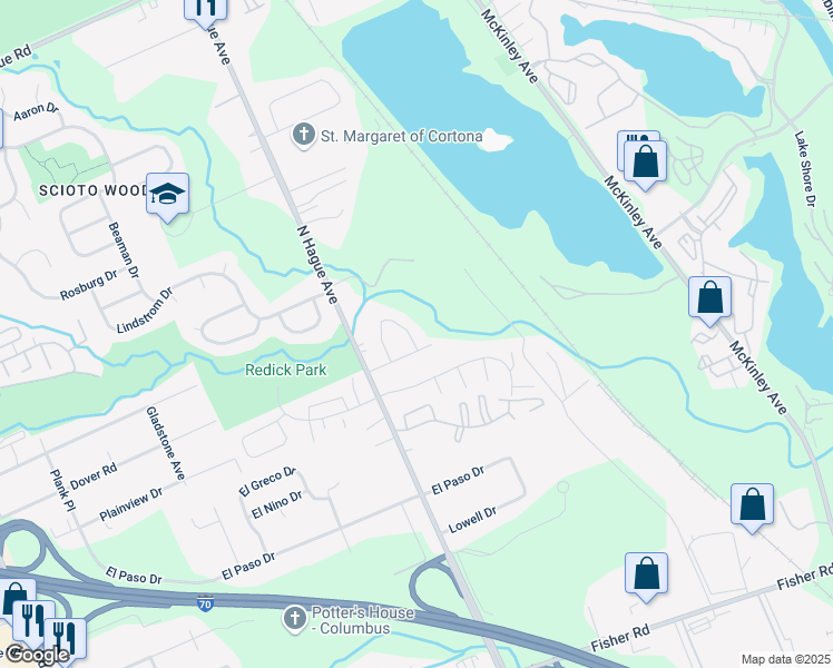 map of restaurants, bars, coffee shops, grocery stores, and more near 144 North Hague Avenue in Columbus