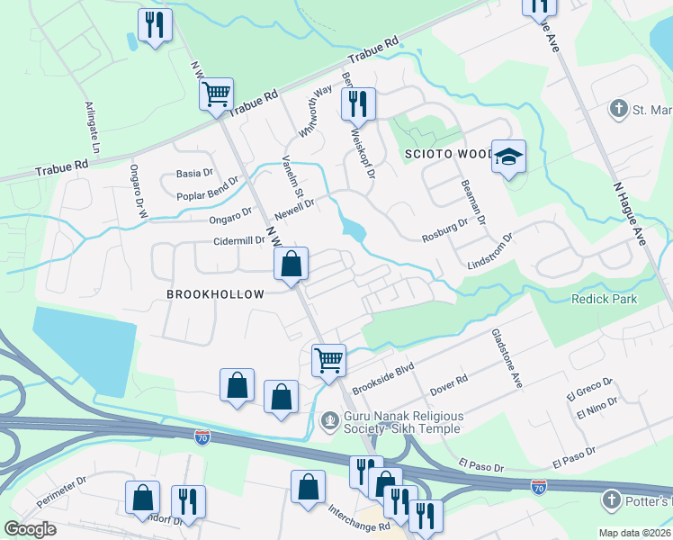 map of restaurants, bars, coffee shops, grocery stores, and more near 3647 Grimes Drive in Columbus