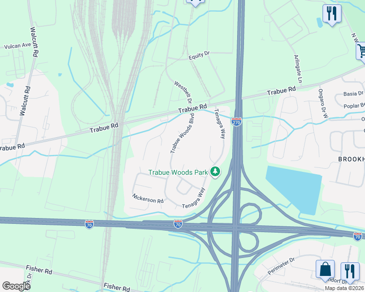 map of restaurants, bars, coffee shops, grocery stores, and more near 1492 Trabue Woods Boulevard in Columbus