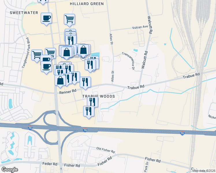 map of restaurants, bars, coffee shops, grocery stores, and more near 5303 Renner Road in Columbus