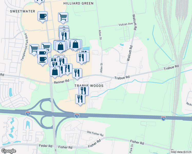 map of restaurants, bars, coffee shops, grocery stores, and more near 5297 Renner Road in Columbus