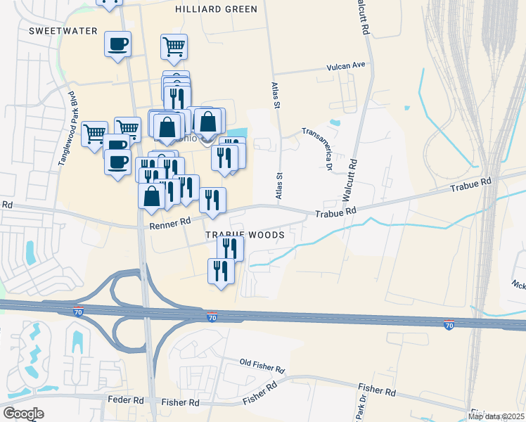 map of restaurants, bars, coffee shops, grocery stores, and more near 5303 Renner Road in Columbus