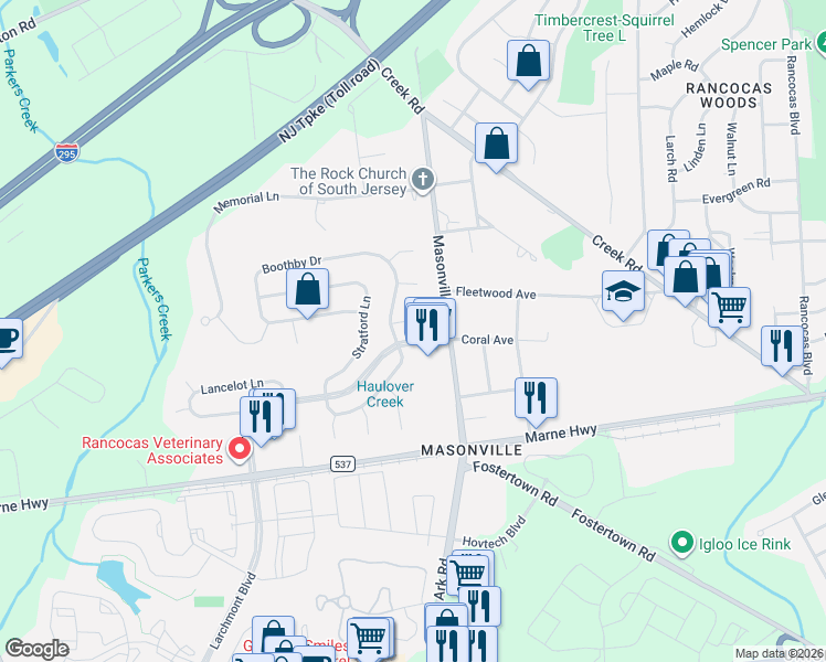 map of restaurants, bars, coffee shops, grocery stores, and more near 10 Boothby Court in Mount Laurel Township