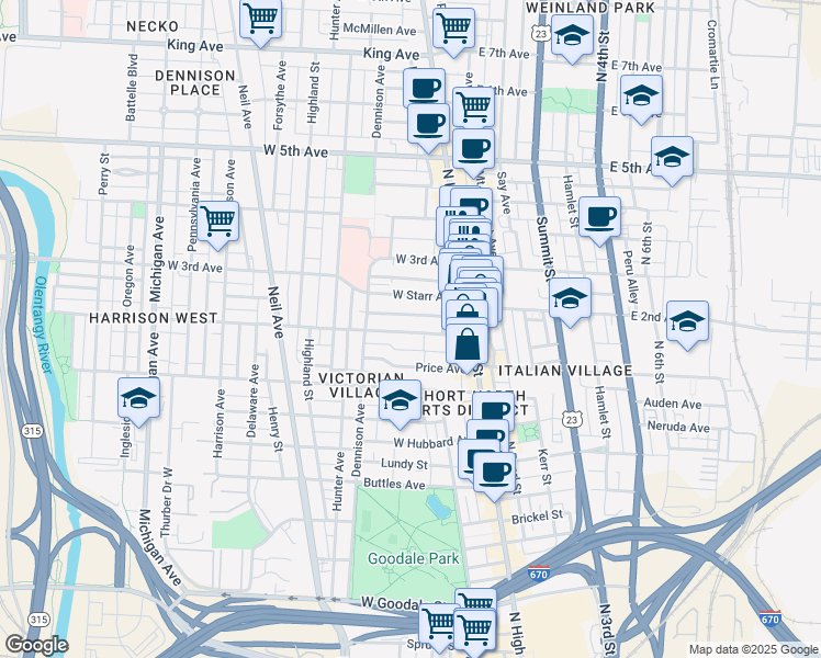 map of restaurants, bars, coffee shops, grocery stores, and more near 86 West 2nd Avenue in Columbus