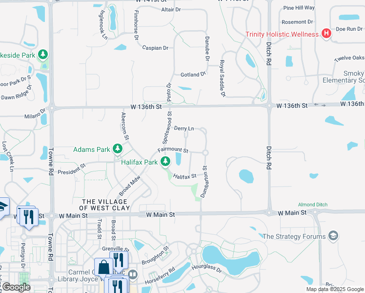 map of restaurants, bars, coffee shops, grocery stores, and more near 1814 Fairmount Street in Carmel