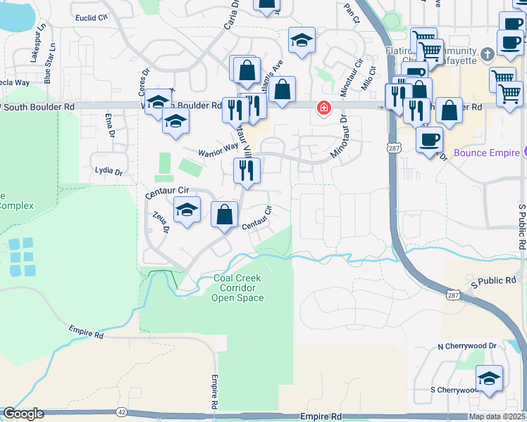 map of restaurants, bars, coffee shops, grocery stores, and more near 1103 West Centaur Circle in Lafayette