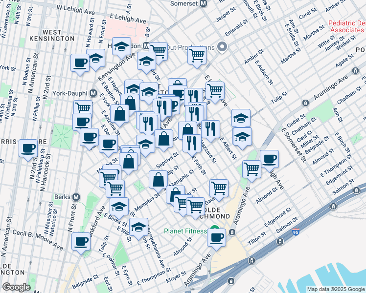 map of restaurants, bars, coffee shops, grocery stores, and more near 2510 Sepviva Street in Philadelphia