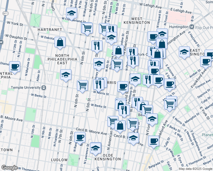 map of restaurants, bars, coffee shops, grocery stores, and more near 2038 North Orianna Street in Philadelphia