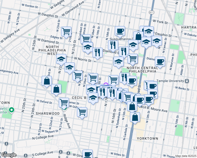 map of restaurants, bars, coffee shops, grocery stores, and more near 1832 North 18th Street in Philadelphia