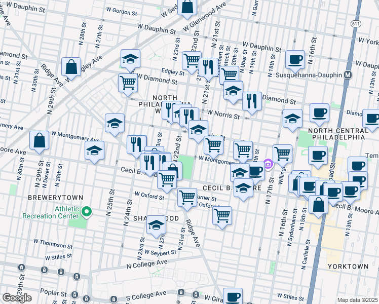 map of restaurants, bars, coffee shops, grocery stores, and more near 1807 North Van Pelt Street in Philadelphia
