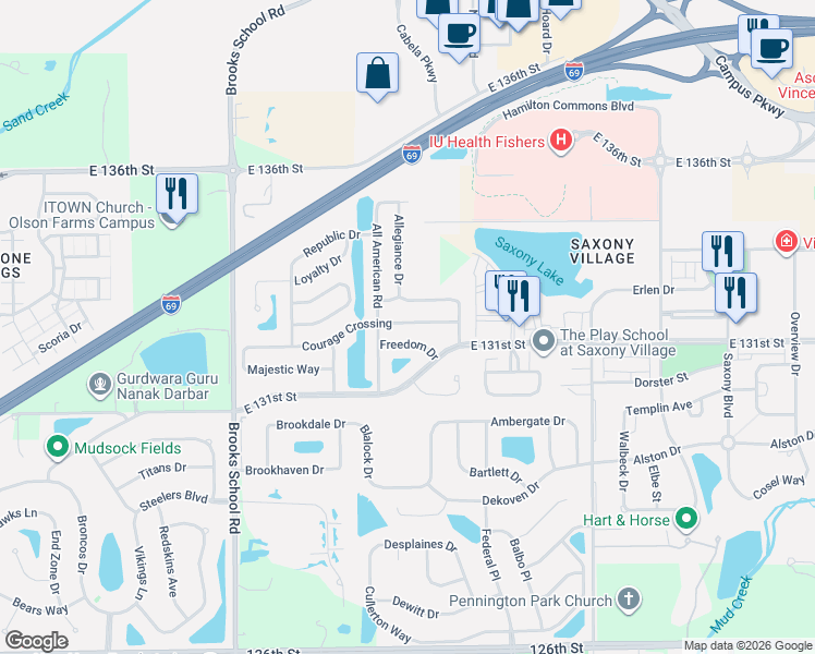 map of restaurants, bars, coffee shops, grocery stores, and more near 12884 Courage Crossing in Fishers