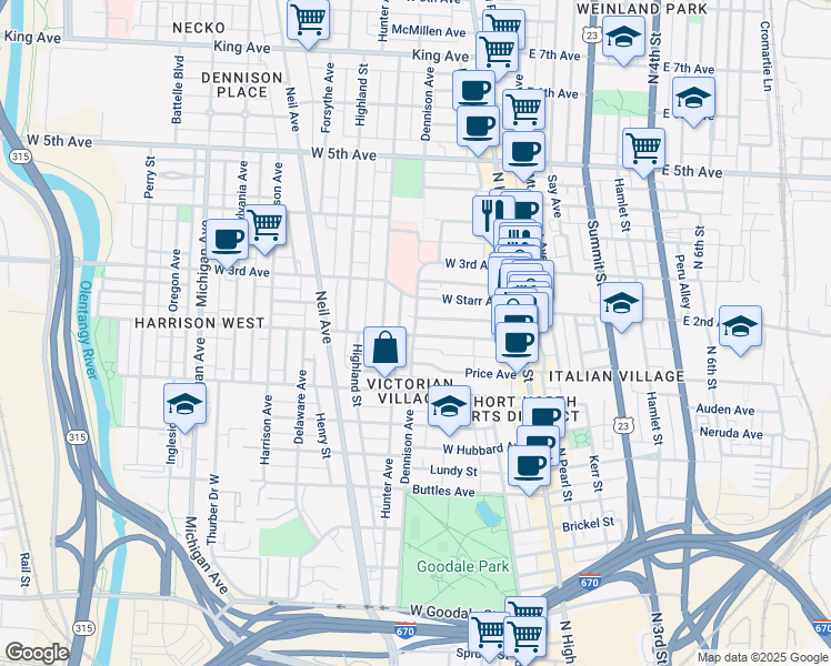map of restaurants, bars, coffee shops, grocery stores, and more near Dennison Avenue in Columbus