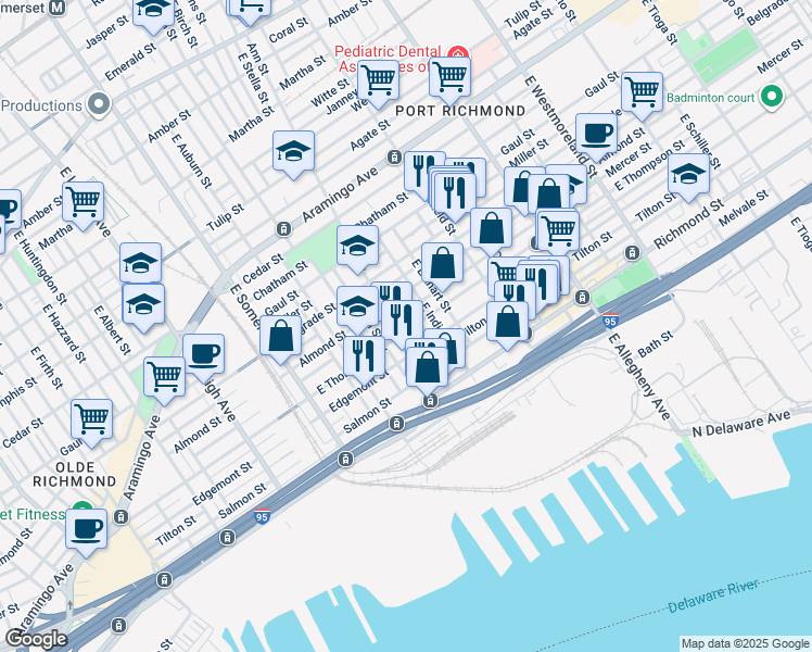 map of restaurants, bars, coffee shops, grocery stores, and more near 2964 East Thompson Street in Philadelphia