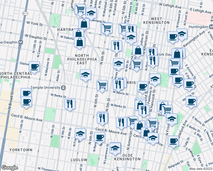map of restaurants, bars, coffee shops, grocery stores, and more near 2017 North Randolph Street in Philadelphia