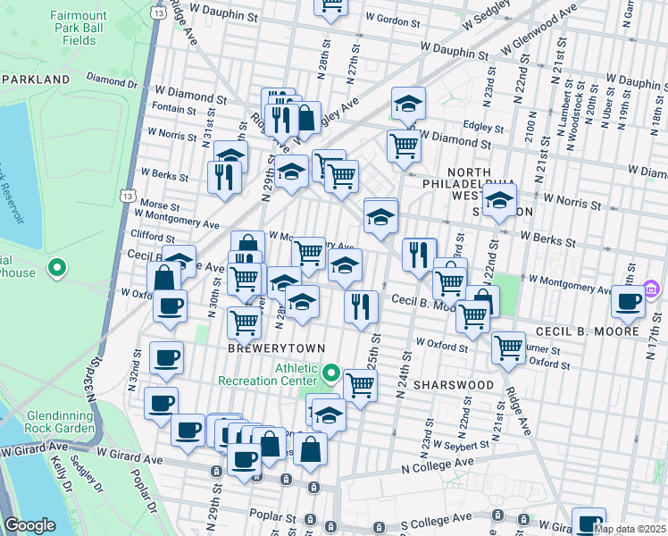 map of restaurants, bars, coffee shops, grocery stores, and more near 1731 North Taney Street in Philadelphia
