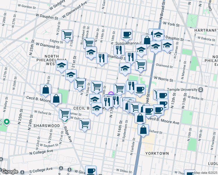 map of restaurants, bars, coffee shops, grocery stores, and more near 1849 North 18th Street in Philadelphia