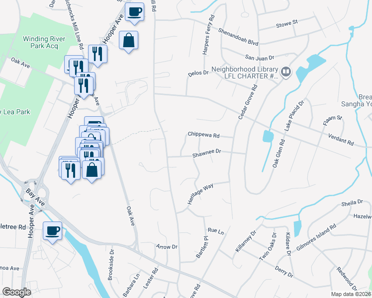 map of restaurants, bars, coffee shops, grocery stores, and more near 5 Apache Drive in Toms River
