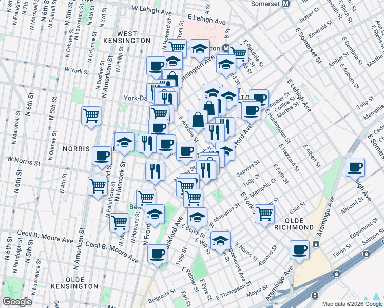 map of restaurants, bars, coffee shops, grocery stores, and more near 2050 East Dauphin Street in Philadelphia