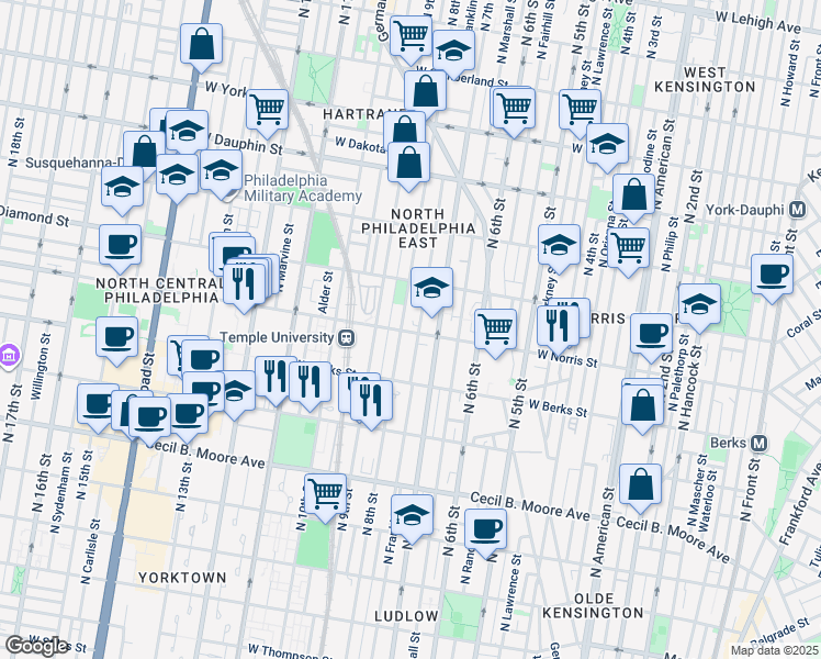 map of restaurants, bars, coffee shops, grocery stores, and more near 729 West Norris Street in Philadelphia