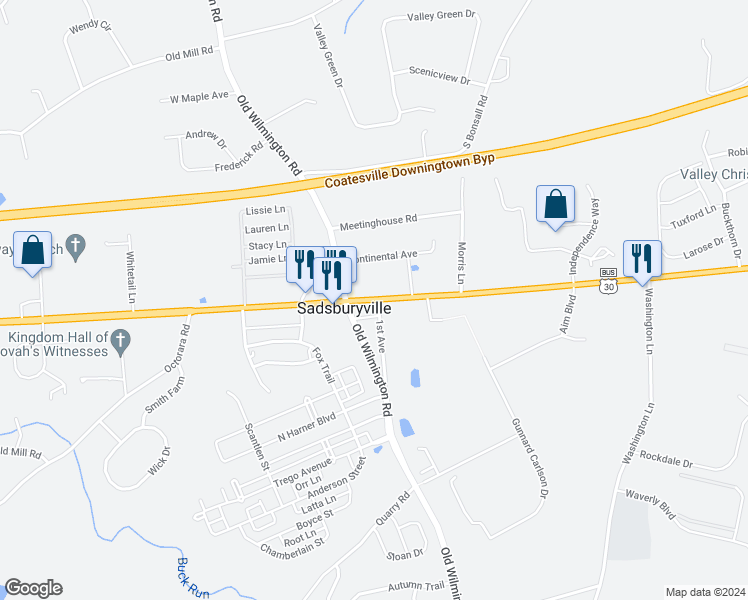 map of restaurants, bars, coffee shops, grocery stores, and more near 3307 Lincoln Highway in Coatesville